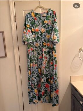Tuckernuck Blue Floral Tiered Midi Dress with Yellow & Green Accents